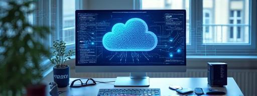 Modern workspace with cloud integration graphics